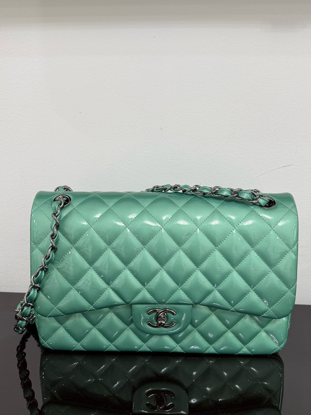 Authentic CHANEL Classic Jumbo Double Flap Green Quilted Patent Leather Bag